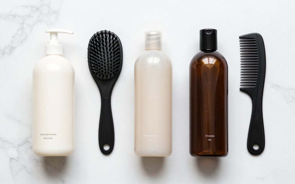 Flat-lay of at home hair gloss products, brush, and color-safe shampoo