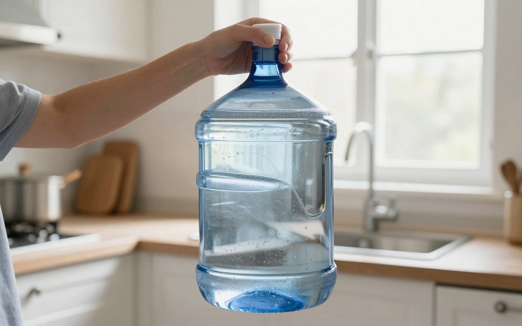 Person lifting a full gallon of water to show how much a gallon of water weighs.