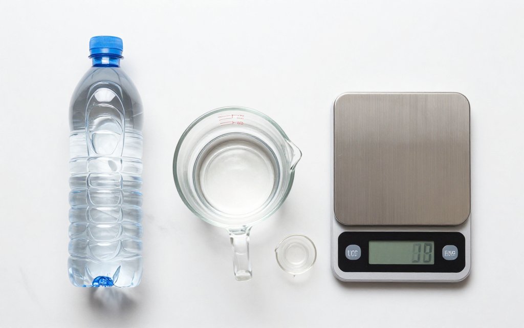 Liter bottle, measuring cup, and scale showing water weight in metric grams and kilograms.