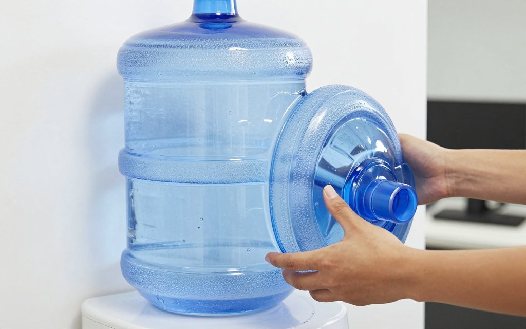 A five gallon water jug being lifted, illustrating how much 5 gallons of water weigh.