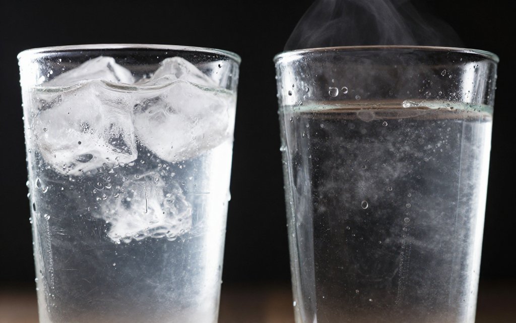 Cold and hot glasses of water compared to show how temperature changes water weight.