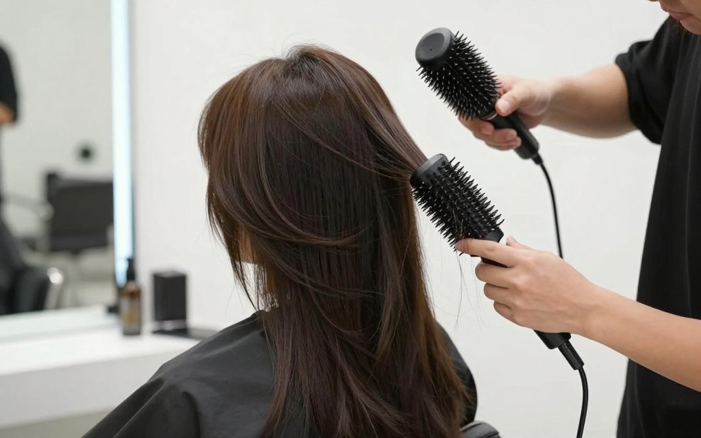 Stylist blow-drying long butterfly cut layers with a round brush in a salon