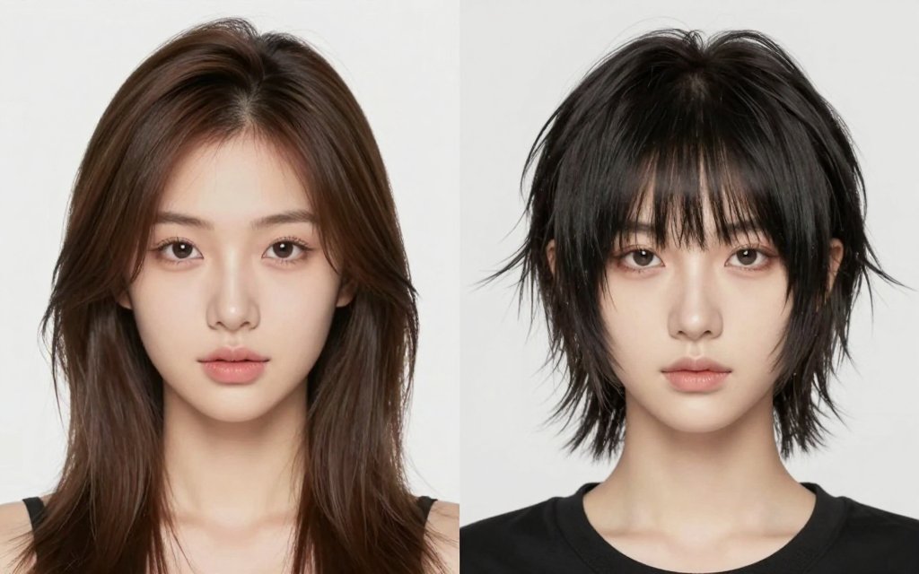 Side-by-side comparison of a soft butterfly cut and a choppy wolf cut