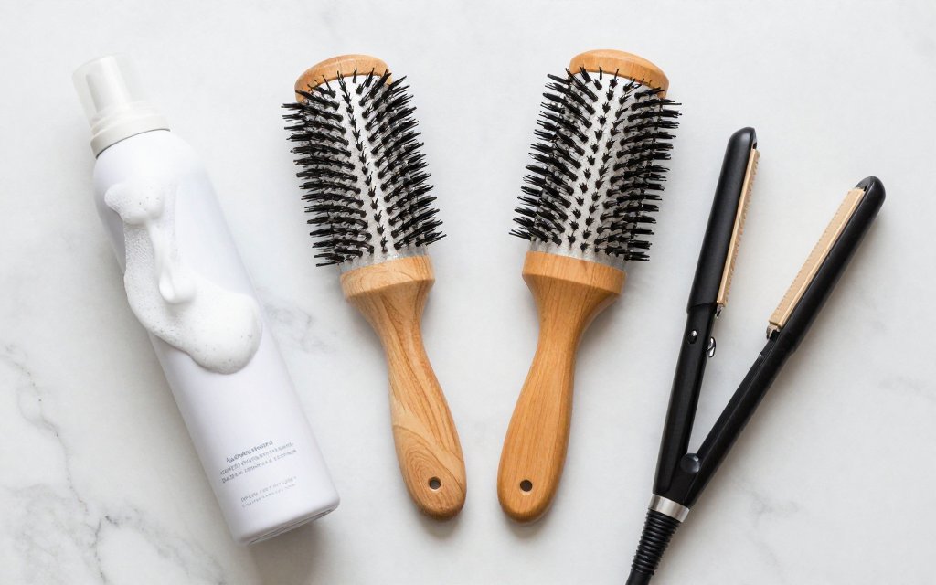 Flat-lay of mousse, round brush, and texture spray for styling butterfly layers