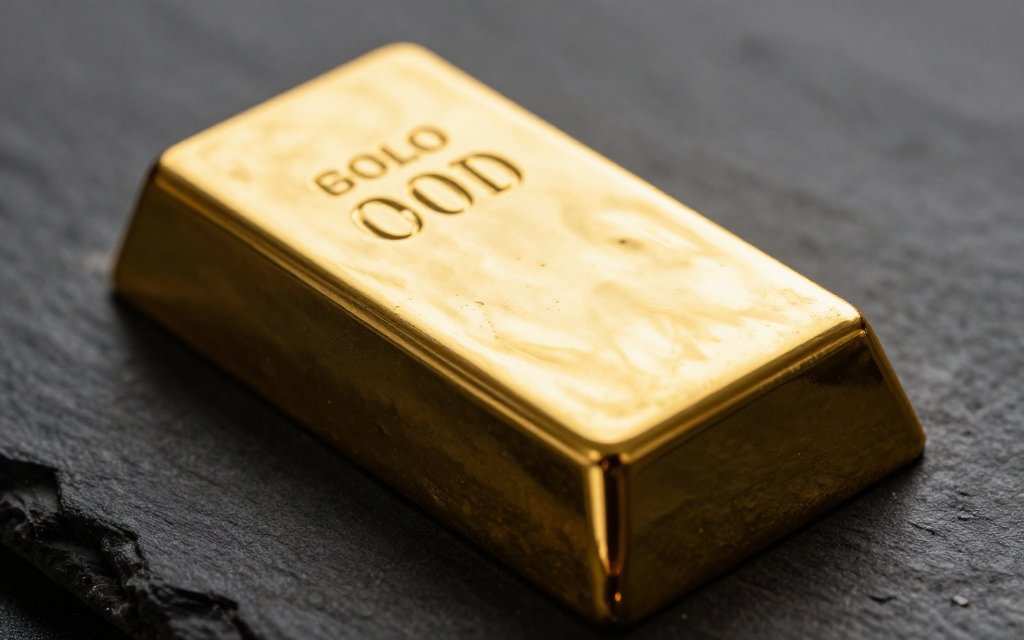 Macro shot of a one troy ounce gold bar that weighs 31.1035 grams.