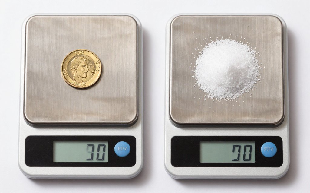 A gold coin and kitchen salt on two scales comparing troy ounce vs ounce.
