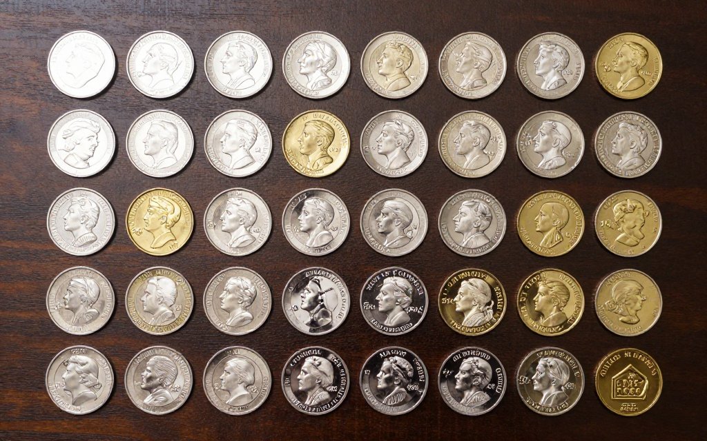 Overhead view of gold and silver bullion coins measured by the troy ounce.