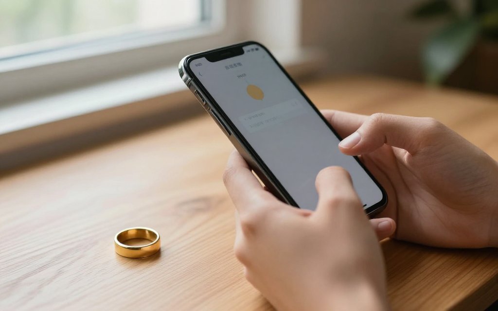 Weighing a gold ring at home with a phone to estimate grams in an ounce of gold.