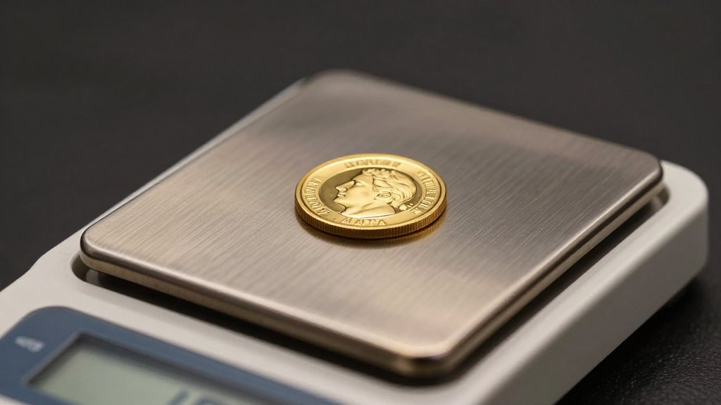 A one troy ounce gold coin on a digital jewelry scale showing how many grams in a troy ounce.