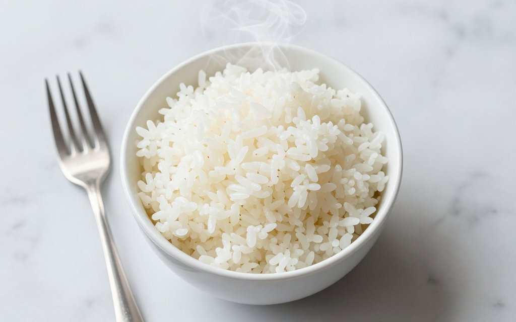 Top down cup of cooked white rice showing white rice calories per serving