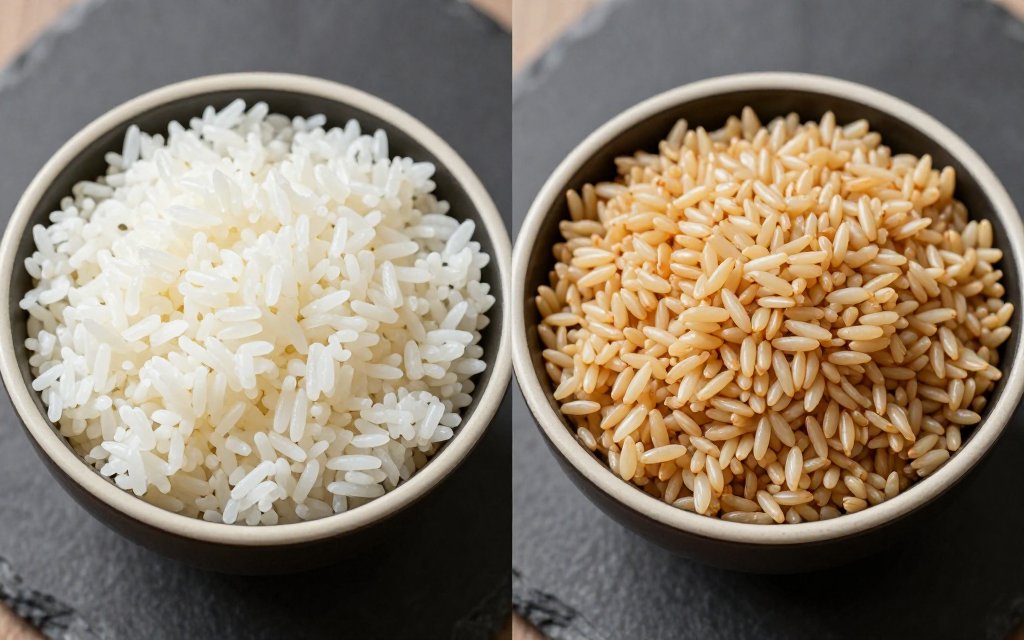 Cooked white rice next to brown rice comparing brown rice vs white rice fiber and calories