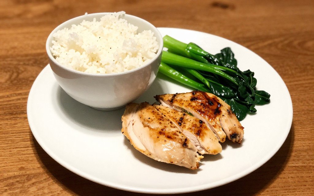 Dinner plate with one cup of rice chicken and vegetables showing 1 cup rice calories in context