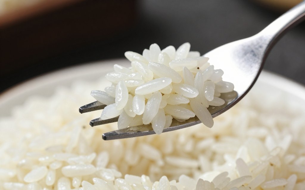 Macro close up of cooked rice grains on a fork illustrating rice calories per portion