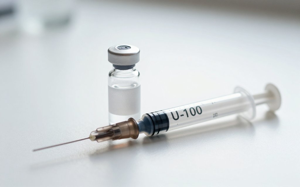 Macro of a peptide vial and insulin syringe illustrating a semaglutide dosage chart in practice.