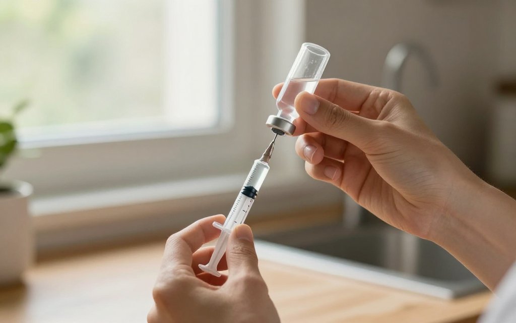 Hands measuring syringe units from a reconstituted vial next to a semaglutide units chart routine.
