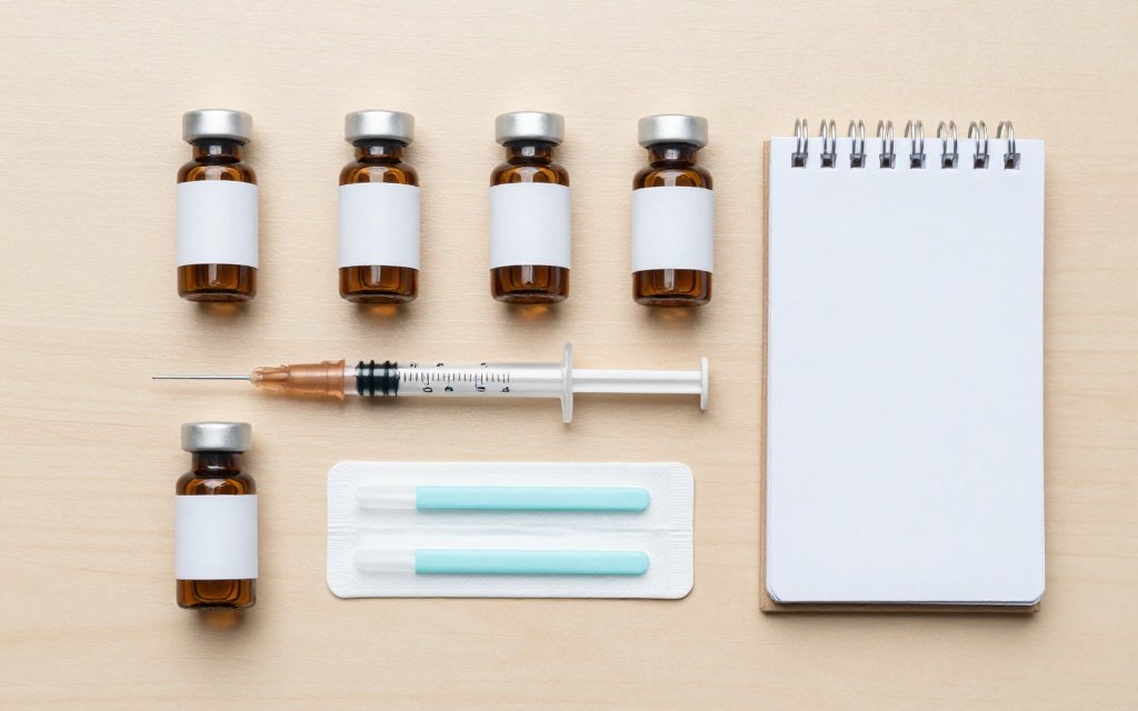 Flat lay of vials and syringes for planning supplies from a semaglutide dosage chart.