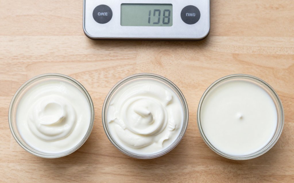 Top-down view of three bowls of Greek yogurt comparing nonfat, 2 percent, and whole milk calories.