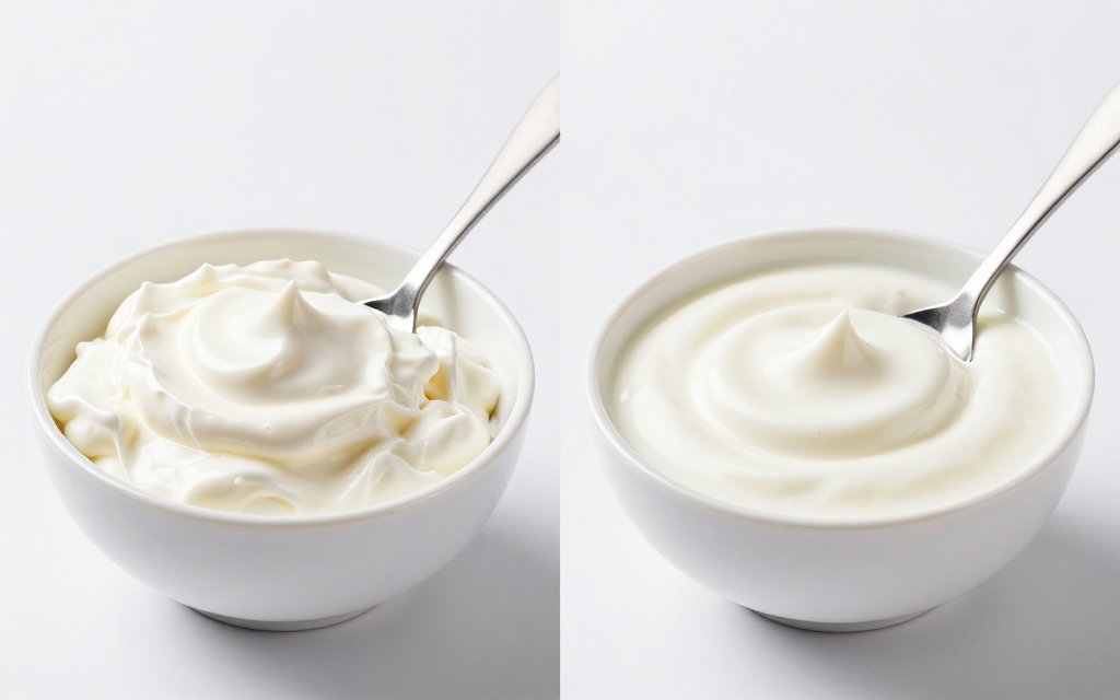 Side-by-side comparison of thick Greek yogurt and thinner regular yogurt showing the protein difference.