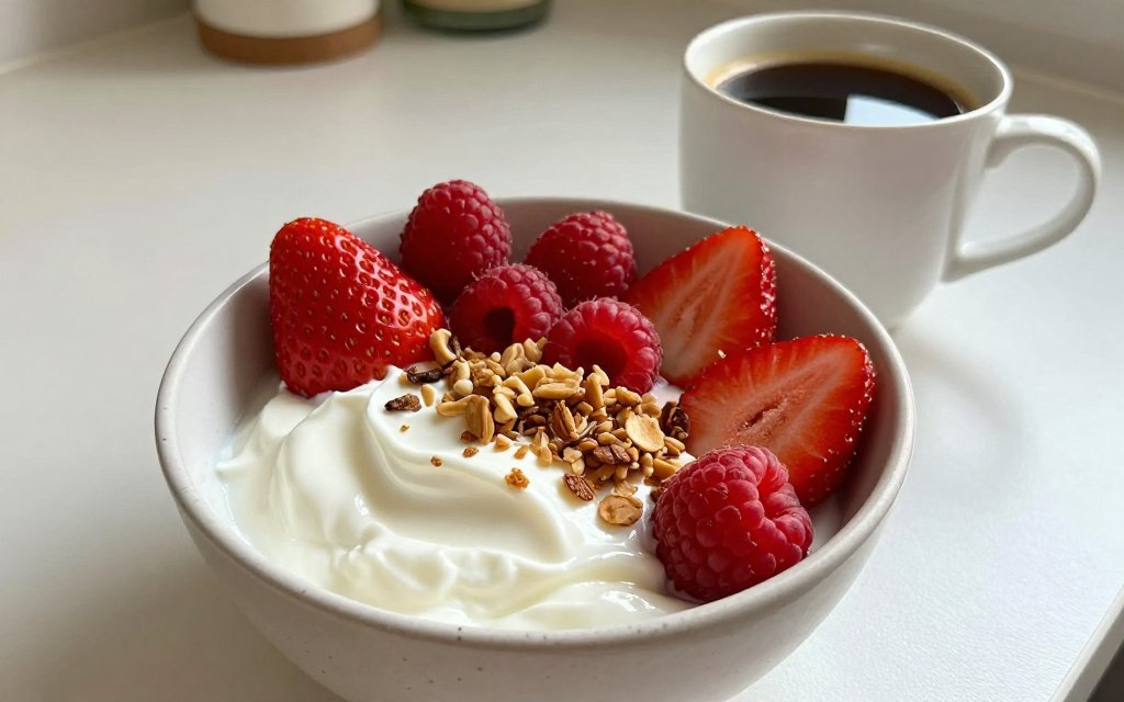 Greek yogurt breakfast bowl with berries and granola, a high protein option for weight loss.