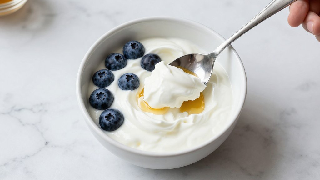 Bowl of thick plain Greek yogurt with a spoon and blueberries, showing the high protein greek yogurt texture.