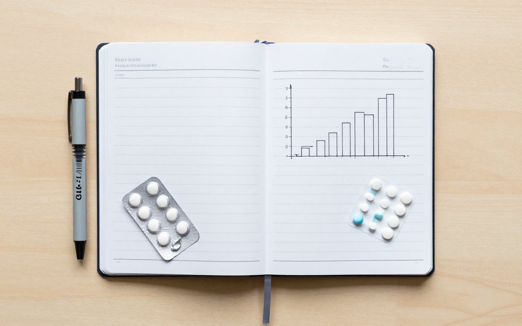 Flat lay of a medication log tracking GLP-1 side effects and constipation trial data.