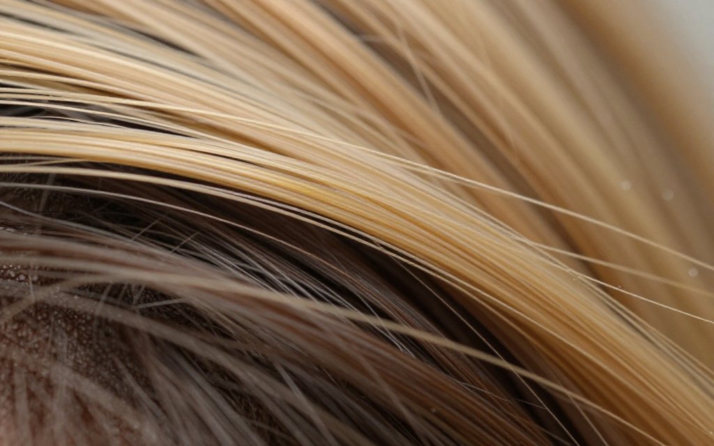 Close-up of a honey blonde money piece against dark brown base hair.