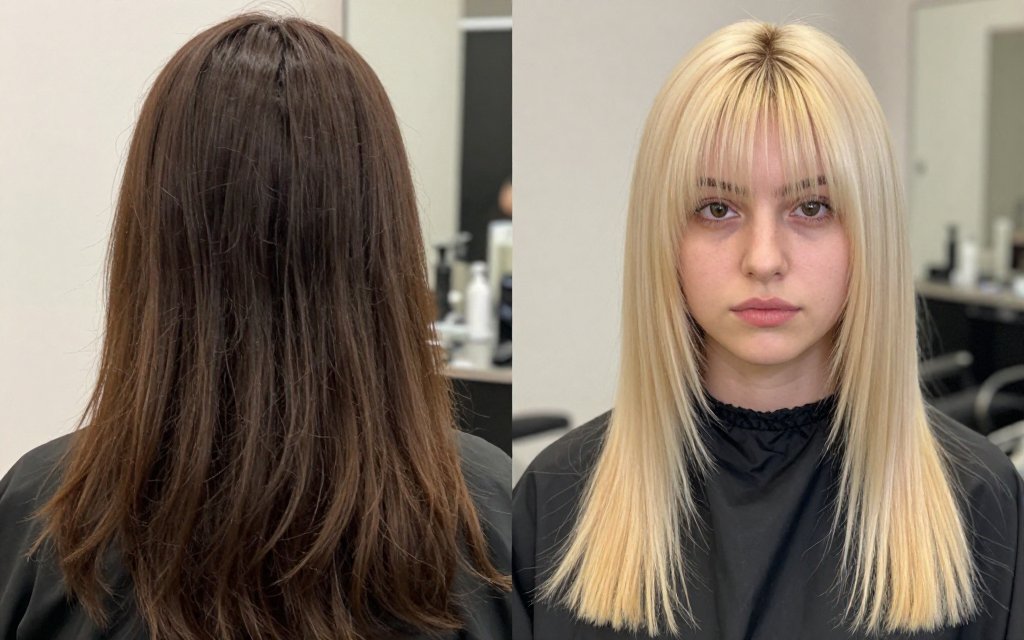 Before and after comparison of dark hair with blonde money piece highlights.