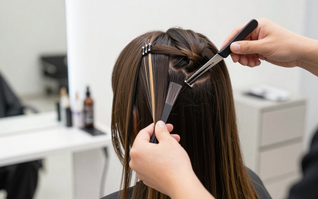 Colorist foiling the front sections for money piece highlights in a salon.