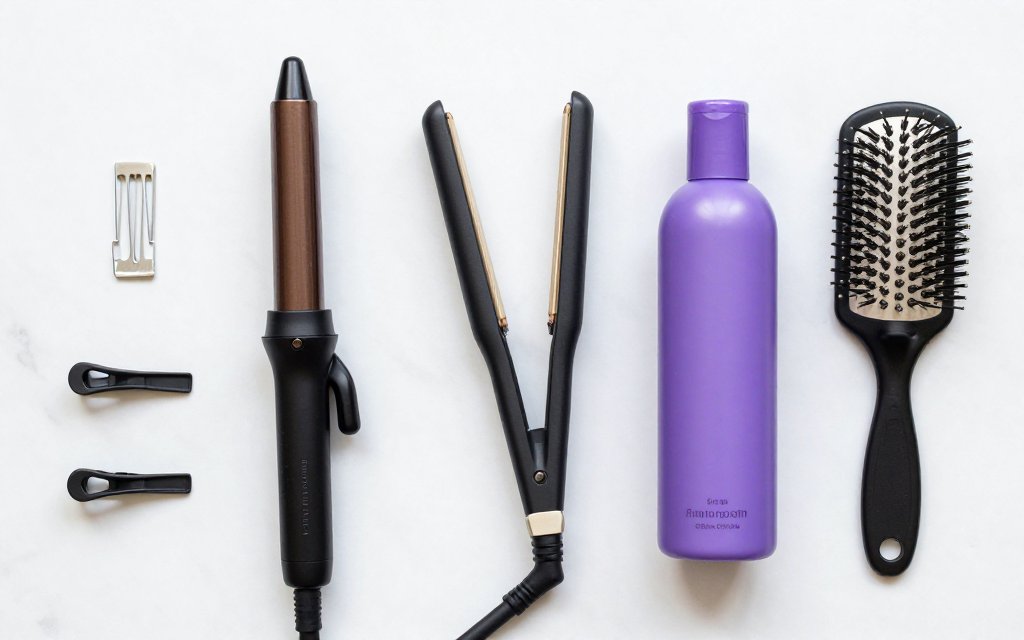 Flat-lay of styling tools used to style money piece highlights at home.