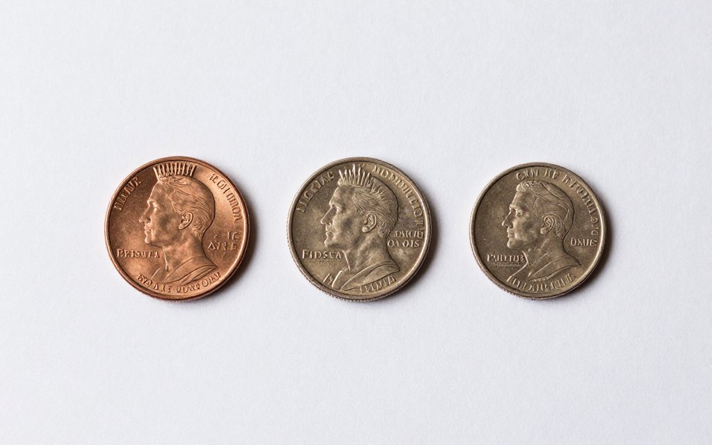 Top-down view of a penny, nickel, and dime showing their gram weights