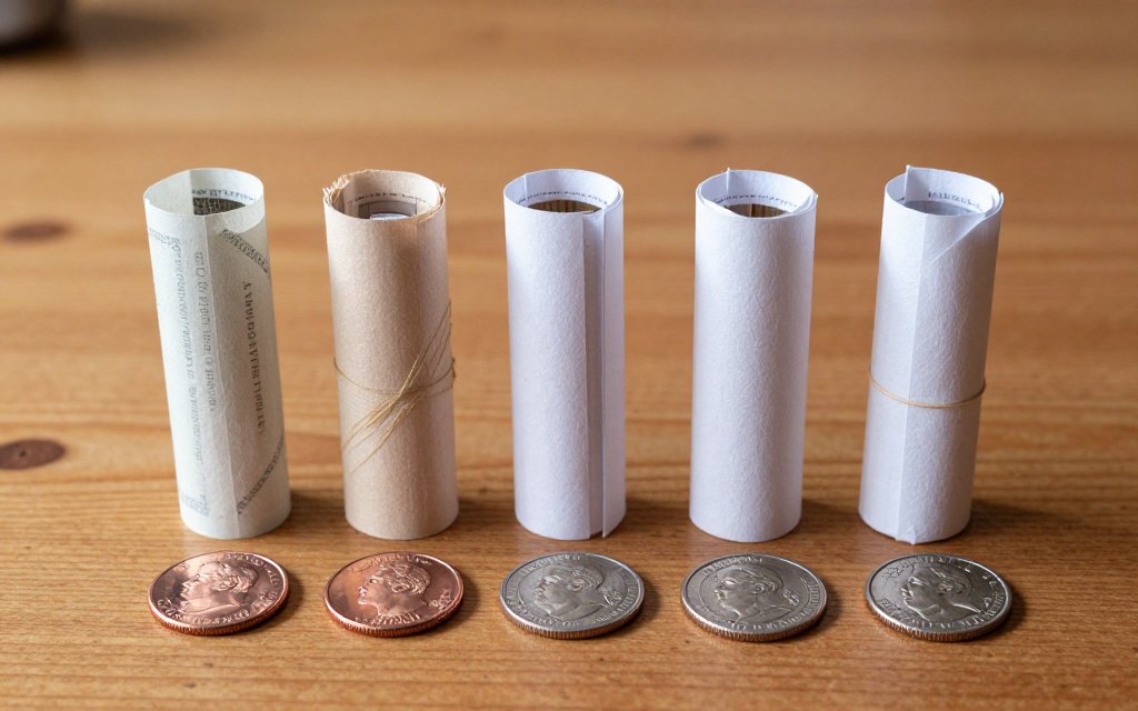 Rolls of US coins lined up, showing how much a roll of coins weighs
