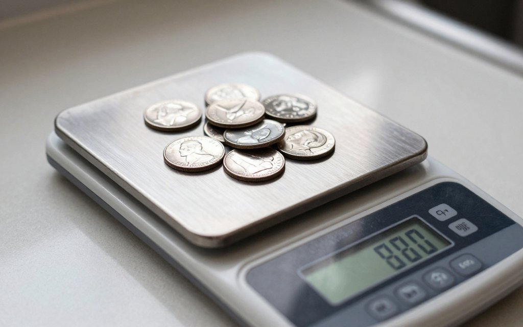 Quarters on a digital scale being counted by weight in grams