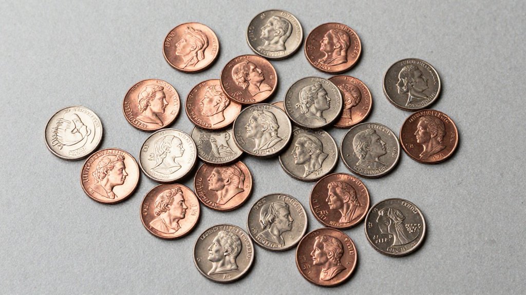 Assortment of US coins arranged by denomination showing coin weights in grams
