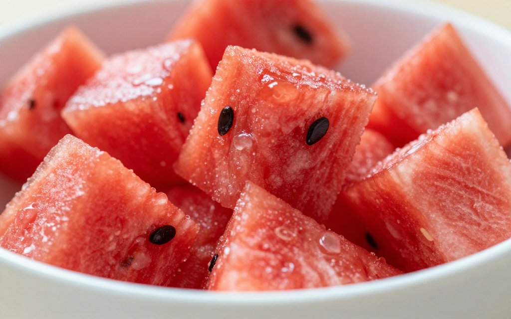 Macro close-up of diced watermelon cubes illustrating watermelon calories per cup