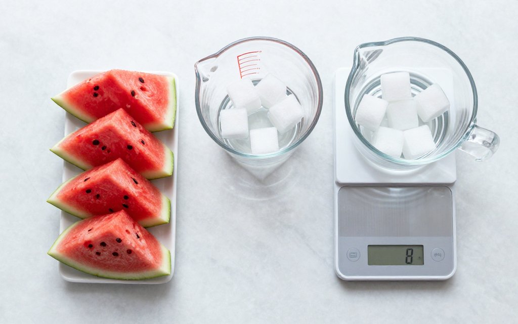 Top down watermelon slices with a measuring cup for watermelon nutrition facts