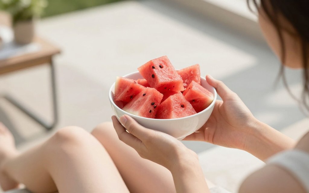 Person holding a bowl of watermelon as a low calorie weight loss snack