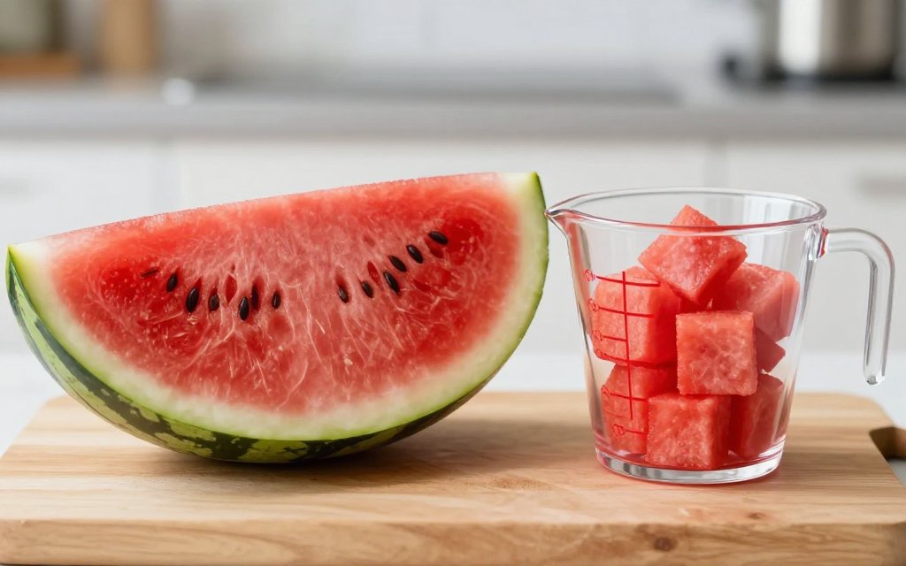 Watermelon wedge beside a one cup portion for logging watermelon calories