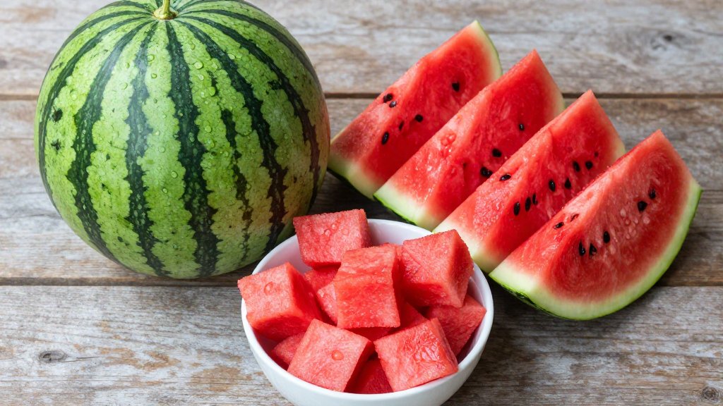 Fresh watermelon wedges and diced cubes on a wooden table showing watermelon calories per serving