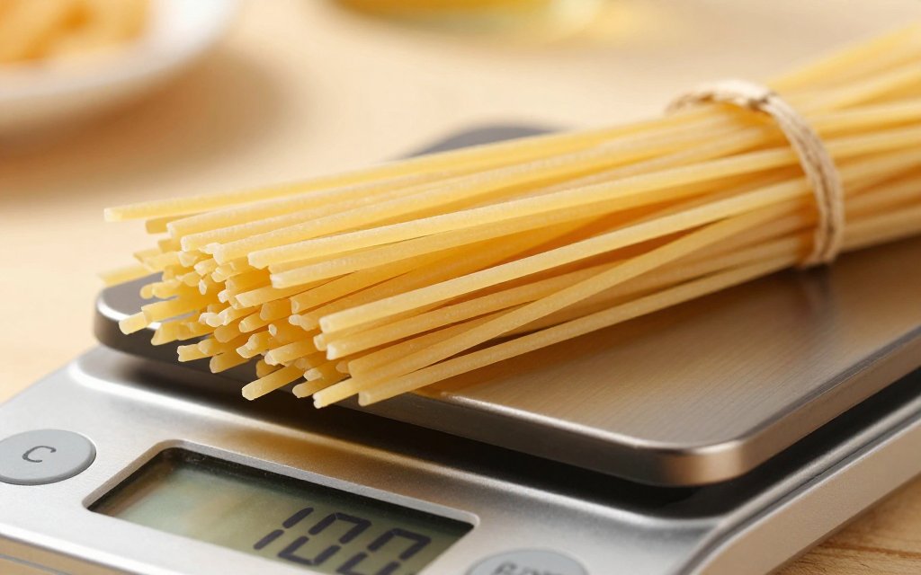 Dry spaghetti on a scale showing a 100 gram pasta serving size