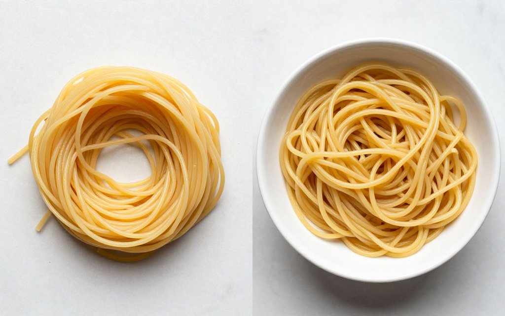 Comparison of a dry versus cooked pasta serving size in two bowls