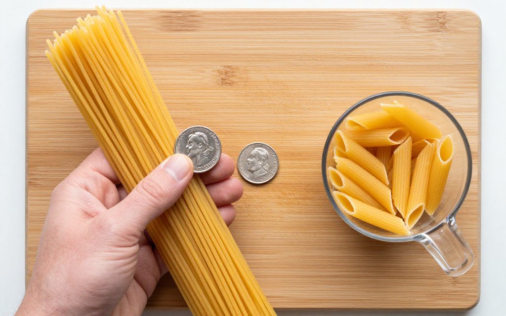 Measuring pasta portion size without a scale using a coin and a cup