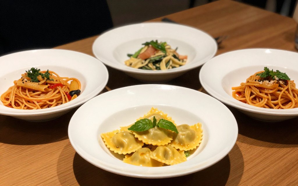 Different pasta shapes plated to show serving size by pasta shape