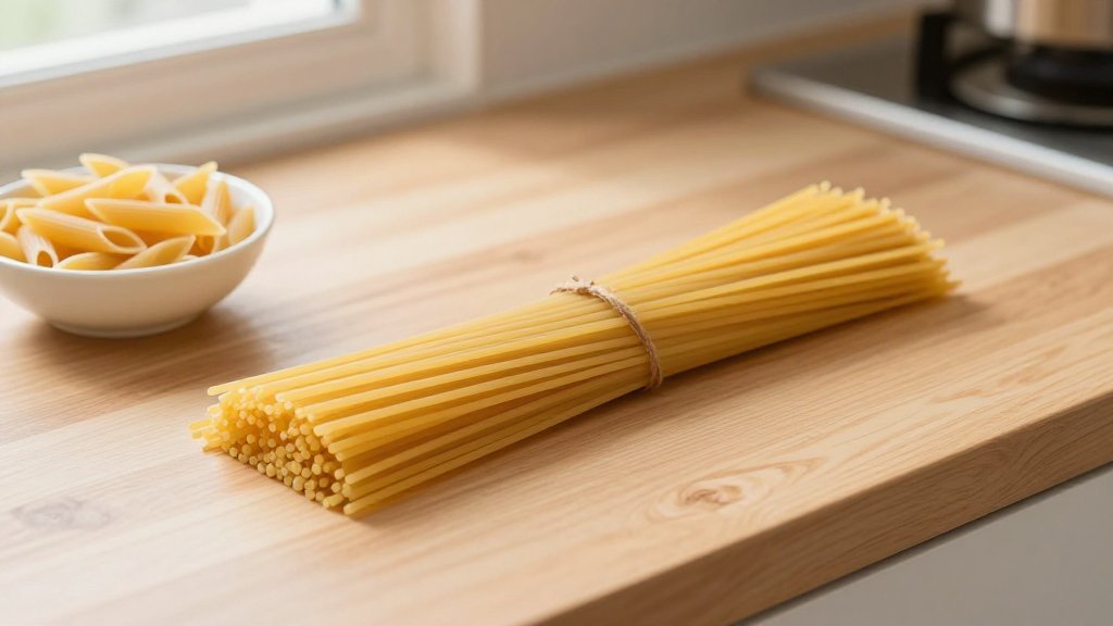 A weighed pasta serving size of dry spaghetti and penne on a kitchen counter