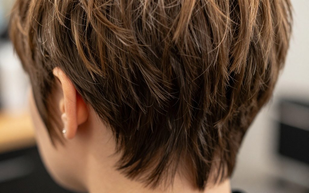 Macro close-up of a textured pixie with piecey, separated layered ends.