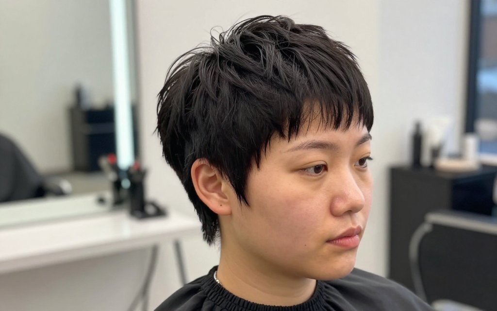 Woman with a round face wearing a cropped pixie with crown height in a salon mirror.