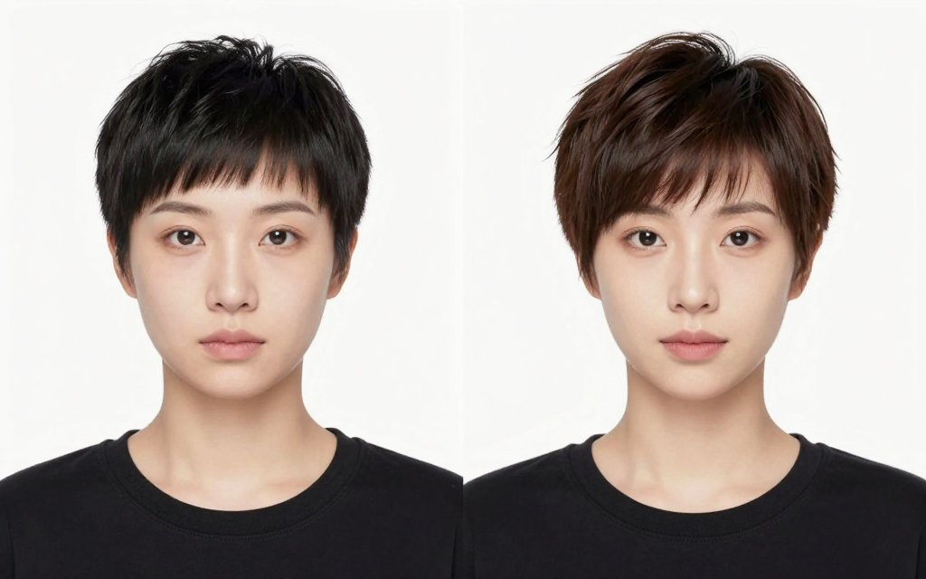 Side by side comparison of a short pixie and a long pixie on one woman.