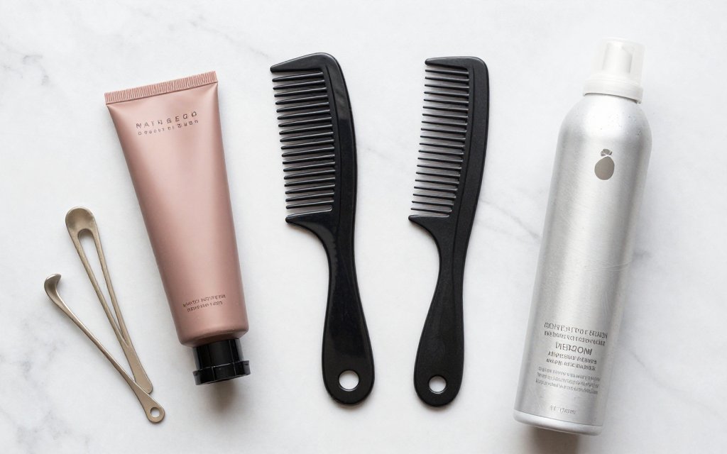 Flat-lay of styling paste, mousse, and a comb used to shape a textured pixie.