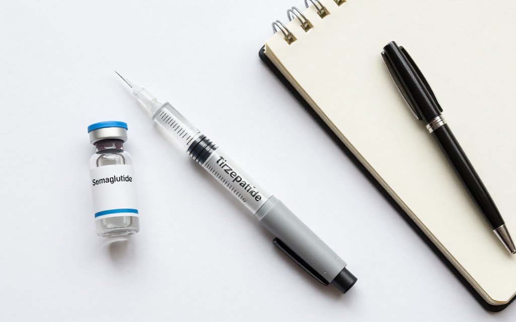 Top-down flat lay of GLP-1 vials and a log used to track hair loss data.