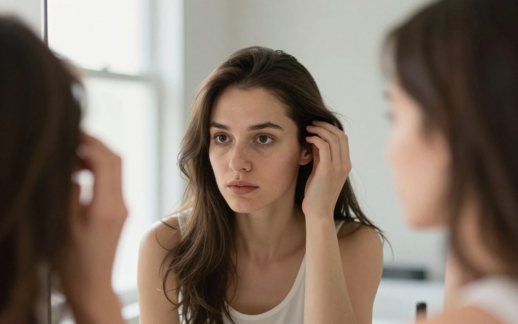 Woman checking her hairline in a mirror during the ozempic hair loss shedding timeline.
