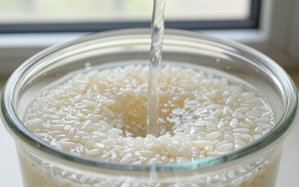 Cloudy rice water for hair being strained from soaked white rice into a glass jar